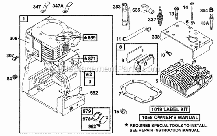 Cylinder Head Diagram and Parts List for 170452-6105-01  Briggs and Stratton Engine